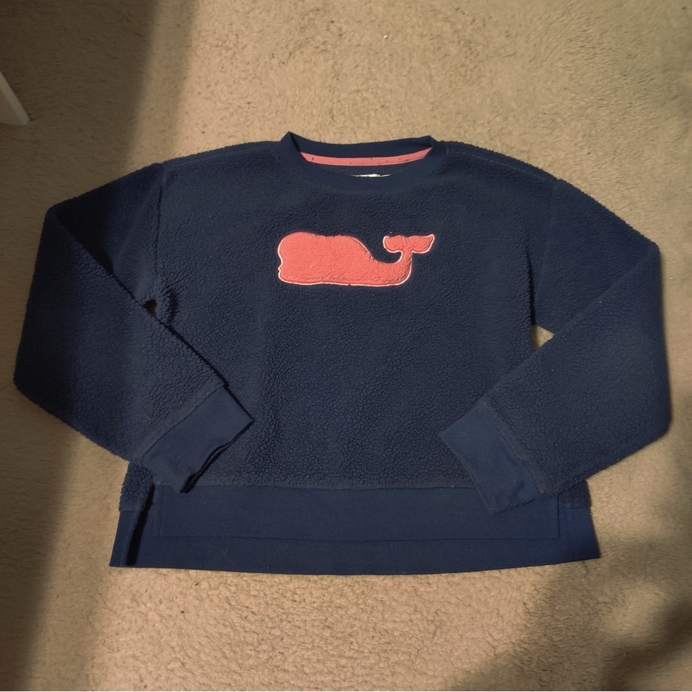 Vineyard Vines Blue Fleece Sherpa Saeatshirt with Pink Whale Logo